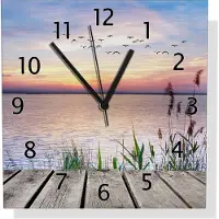 Wallario Design Wanduhr Seepanorama mit Schilf und fliegenden Vögeln aus Aluverbund, Größe 30 x 30 cm