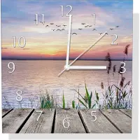 Wallario Design Wanduhr Seepanorama mit Schilf und fliegenden Vögeln aus Aluverbund, Größe 30 x 30 cm