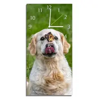 Wallario Design Wanduhr bedruckt, Größe 30 x 60 cm, Motiv: Hund trifft Leckerli