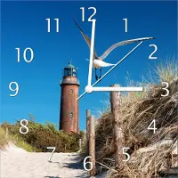 Wallario Design Wanduhr Möwe am Strand mit Leuchtturm aus Echtglas, Größe 30 x 30 cm