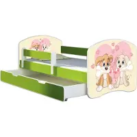 ACMA Jugendbett Kinderbett Junior-Bett Komplett-Set mit Matratze Lattenrost und Rausfallschutz Grün 12 Welpen 140x70 + Bettkasten