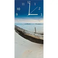 Wallario Design Wanduhr Fischerboot am Strand mit Sonnenuntergang aus Echtglas, Größe 30 x 60 cm
