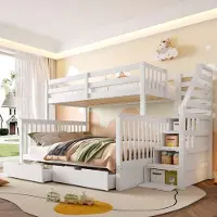 Ulife Kombiniertes Kinder- und Jugendbett mit Rollcontainer und Treppe, Kiefernholz, weiß, inkl. Lattenrost, ohne Matratze, 200x90cm & 200x140cm
