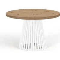 Dekori.Interiors Runder Esstisch Weiß DOVER 110/210 cm ausziehbar für Esszimmer, Eiche Artisan mit Lamellen – Industrial/Loft