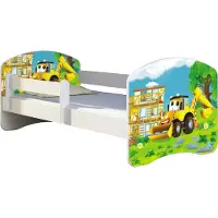 ACMA Jugendbett Kinderbett Junior-Bett Komplett-Set mit Matratze Lattenrost und Rausfallschutz Weiß 20 Bagger 160x80