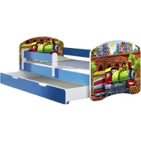 ACMA Jugendbett Kinderbett Junior-Bett Komplett-Set mit Matratze Lattenrost und Rausfallschutz Blau 44 Lokomotive 140x70 + Bettkasten