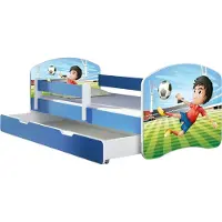 ACMA Jugendbett Kinderbett Junior-Bett Komplett-Set mit Matratze Lattenrost und Rausfallschutz Blau 13 Fußballer 140x70 + Bettkasten