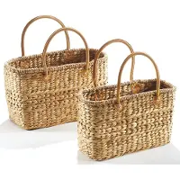 Locker Kobolo Taschen-Set 2 Größen Korbtaschen geflochten aus Wasserhyazinthe - Lederhenkel Tasche Tragekorb Griff Tragetasche Picknick Shopper
