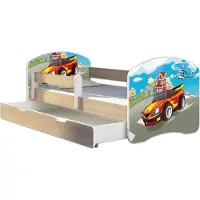 ACMA Jugendbett Kinderbett Junior-Bett Komplett-Set mit Matratze Lattenrost und Rausfallschutz Sonoma 03 Racing Car 140x70 + Bettkasten