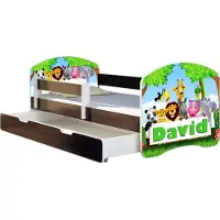 ACMA Jugendbett Kinderbett Junior-Bett Komplett-Set mit Matratze Lattenrost und Rausfallschutz Wenge 01 Zoo Name 140x70 + Bettkasten