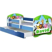 ACMA Jugendbett Kinderbett Junior-Bett Komplett-Set mit Matratze Lattenrost und Rausfallschutz Blau 01 Zoo Name 160x80 + Bettkasten