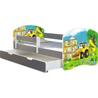 ACMA Jugendbett Kinderbett Junior-Bett Komplett-Set mit Matratze Lattenrost und Rausfallschutz Grau 20 Bagger 140x70 + Bettkasten