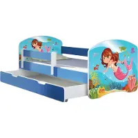 ACMA Jugendbett Kinderbett Junior-Bett Komplett-Set mit Matratze Lattenrost und Rausfallschutz Blau 09 Meerjungfrau 180x80 + Bettkasten