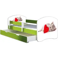 ACMA Jugendbett Kinderbett Junior-Bett Komplett-Set mit Matratze Lattenrost und Rausfallschutz Grün 40 Katze mit Herz 180x80 + Bettkasten