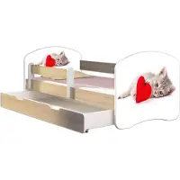 ACMA Jugendbett Kinderbett Junior-Bett Komplett-Set mit Matratze Lattenrost und Rausfallschutz Sonoma 40 Katze mit Herz 140x70 + Bettkasten