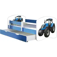 ACMA Jugendbett Kinderbett Junior-Bett Komplett-Set mit Matratze Lattenrost und Rausfallschutz Blau 42 Traktor 140x70 + Bettkasten