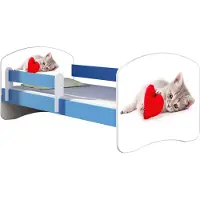 ACMA Jugendbett Kinderbett Junior-Bett Komplett-Set mit Matratze Lattenrost und Rausfallschutz Blau 40 Katze mit Herz 140x70