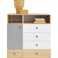 Mirjan 24 Kommode Pixel PX9, Highboard Schrank mit Drehtür, 5-Schubladen und Regal (Farbe: Biskuit Eiche / Biskuit Eiche + Weiß Lux + Grau)