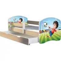 ACMA Jugendbett Kinderbett Junior-Bett Komplett-Set mit Matratze Lattenrost und Rausfallschutz Sonoma 13 Fußballer 140x70 + Bettkasten