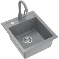 Quadron Spülbecken Granitspüle Küche | Größe: 43x50x20 cm, Farbe: Silver Stone | JOHNNY 100 Küchenspüle Einbeckenspüle Set: Granitspüle + Küchenarmatur + manuell Siphon