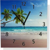 Wallario Design Wanduhr Sandstrand auf den Seychellen - Urlaub unter Palmen aus Aluverbund, Größe 30 x 30 cm