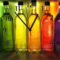 Wallario Design Wanduhr Bunte Flaschen im Regal aus Echtglas, Größe 30 x 30 cm