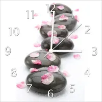 Wallario Design Wanduhr Dunkle Steine mit Blütenblättern aus Echtglas, Größe 30 x 30 cm