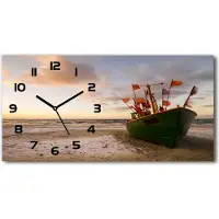 Tulup Wanduhr aus Glas – 60x30 cm - Glasbild - Glasuhr - Gehärtetes Glas - schwarze-zeiger - Fischerboot Strand