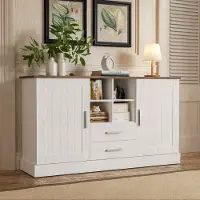 MODFU Kommode Sideboard mit 2 Schubladen und 2 Türen, Schrank Buffet für Wohnzimmer, Schlafzimmer, Kinderzimmer, Jugendzimmer und Büro, weiße und braune Holzmaserung