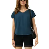 QS Kurzarmshirt , Damen, Gr. L (40), blau, Jersey, Obermaterial: 48% Baumwolle, 48% Modal, 4% Elasthan, unifarben, normal hüftbedeckend, V-Ausschnitt, Shirts Kurzarmshirt, mit V-Ausschnitt und Spitze