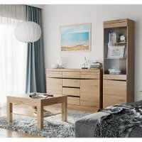 Lomadox Wohnzimmer Set Sideboard, Vitrine mit Beleuchtung, Couchtisch SANFORD-129 in Eiche hell Nb.