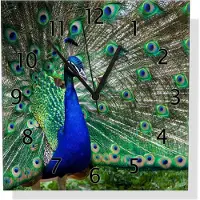 Wallario Design Wanduhr Farbenprächtiger Pfau aus Echtglas, Größe 30 x 30 cm