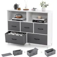 KOMFOTTEU Kommode mit 5 Schubladen, Beistellschrank Aufbewahrungsschrank mit offenen Regalen & 5 klappbaren Stoffschubladen, 100 x 30 x 78 cm