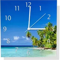 Wallario Design Wanduhr Blauer Himmel weißer Strand Palmen und das tiefblaue Meer aus Aluverbund, Größe 30 x 30 cm