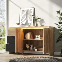 MODFU Sideboard Kommode mit Zwei-Farben-Design Vitrine mit LED-Beleuchtung Küchenschrank mit Stauraum,Spanplatte, 105 × 40 × 76 cm,Schwarz