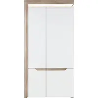 Furniture24 Kleiderschrank Irma IM9 Schrank Wohnzimmerschrank 2 Türiger Drehtürenschrank mit 4 Einlegeboden 2 Kleiderstangen und Led Beleuchtug Eiche/Weiß Hochglanz