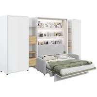 Furniture24 Schrankbett mit sofa Bed Concept 140x200 cm Lenart Led Beleuchtung Taschenfederkernmatratze Bett im Schrank Klapbett Weiß/Grau - Set 2