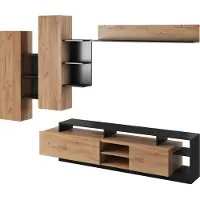 Furniture24 Wohnwand ALVA 260 cm breit Anbauwand Lowboard 2 Hängeschrank Hängeregal Wohnzimmer Anthrazit/Craft EIche gold