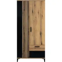 Furniture24 Kleiderschrank 89x194x55 cm ARIS AS10 Schrank 2 Türiger mit 2 Schubladen Wohnzimmerschrank Kleiderstange Evoke Eiche/Schwarz Glanz