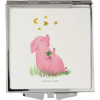 Mr. & Mrs. Panda Schminkspiegel Schwein Glück - Weiß - Geschenk, Träume, Glücksbringer, Kosmetikspiegel klappbar, Sterne, Ziele, Motivation, Lustige Sprüche, Klappspiegel