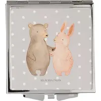 Mr. & Mrs. Panda Mini Spiegel Bär und Hase Umarmen - Grau Pastell - Geschenk, Kosmetikspiegel, Kleiner, für Immer, Klappspiegel, Schminkspiegel, Freundin, Frauen, Klein