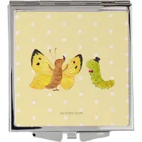 Mr. & Mrs. Panda Taschenspiegel Raupe Schmetterling - Gelb Pastell - Geschenk, Klappspiegel, Kleiner Spiegel, Kosmetikspiegel, Schminkspiegel klein, Frauen, Hut, Hütchen