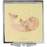 Mr. & Mrs. Panda Schminkspiegel Robbe Liegen - Gelb Pastell - Geschenk, Ostsee, Handspiegel, Kleiner Spiegel, Freude, Klappspiegel, Kosmetikspiegel, Lustige Sprüche