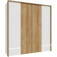 Furniture24 Kleiderschrank 204.7 x 212.7 x 58.2 cm LENNYBELARDO LNBS3411B 4-türiger Schlafzimmer Schrank 3 Kleiderstangen 2 Schubkästen Weiß/Weiß Glanz/Riviera Eiche