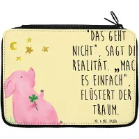 Mr. & Mrs. Panda Federtasche Schwein Glück Motiv - Gelb Pastell - Geschenk, Sterne, Stifteetui, Mäppchen, Motivation, Lustige Sprüche, Glücksbringer, Schuletui, Ziele
