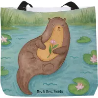 Mr. & Mrs. Panda Strandtasche Otter Seerose Design - Weiß - Geschenk, glücklich, Wasser, Tasche, Laptoptasche, Stoffbeutel, Seeotter, Einkaufstasche, Fluss, Fischotter