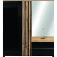 Furniture24 Kleiderschrank 188x206x55 cm ARIS AS11 Schrank 4 Türiger mit 4 Schubladen 3 Kleiderstangen Evoke Eiche/Schwarz Glanz