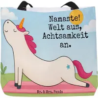 Mr. & Mrs. Panda Einkaufstasche Einhorn Yoga Design - Weiß - Geschenk, Unicorn, Reisetasche, Achtsamkeit, Laptoptasche, Stoffbeutel, Yogamatte, Strandtasche, Sport, Süß