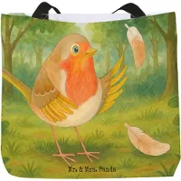 Mr. & Mrs. Panda Tote Bag Rotkehlchen Federn Design - Weiß - Geschenk, Tasche, Spruch Mut, Motivation Sprüche, Schultasche, Strandtasche, Laptoptasche, Reisetasche, Vogel