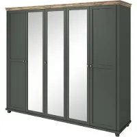 Furniture24 Kleiderschrank Evora 21, 5 Türen, 6 Einlegeböden, Grün/Eiche Lefkas, 2 Kleiderstangen, mit Spiegel, Laminatplatte, klassischer Stil, 246x216x62cm,